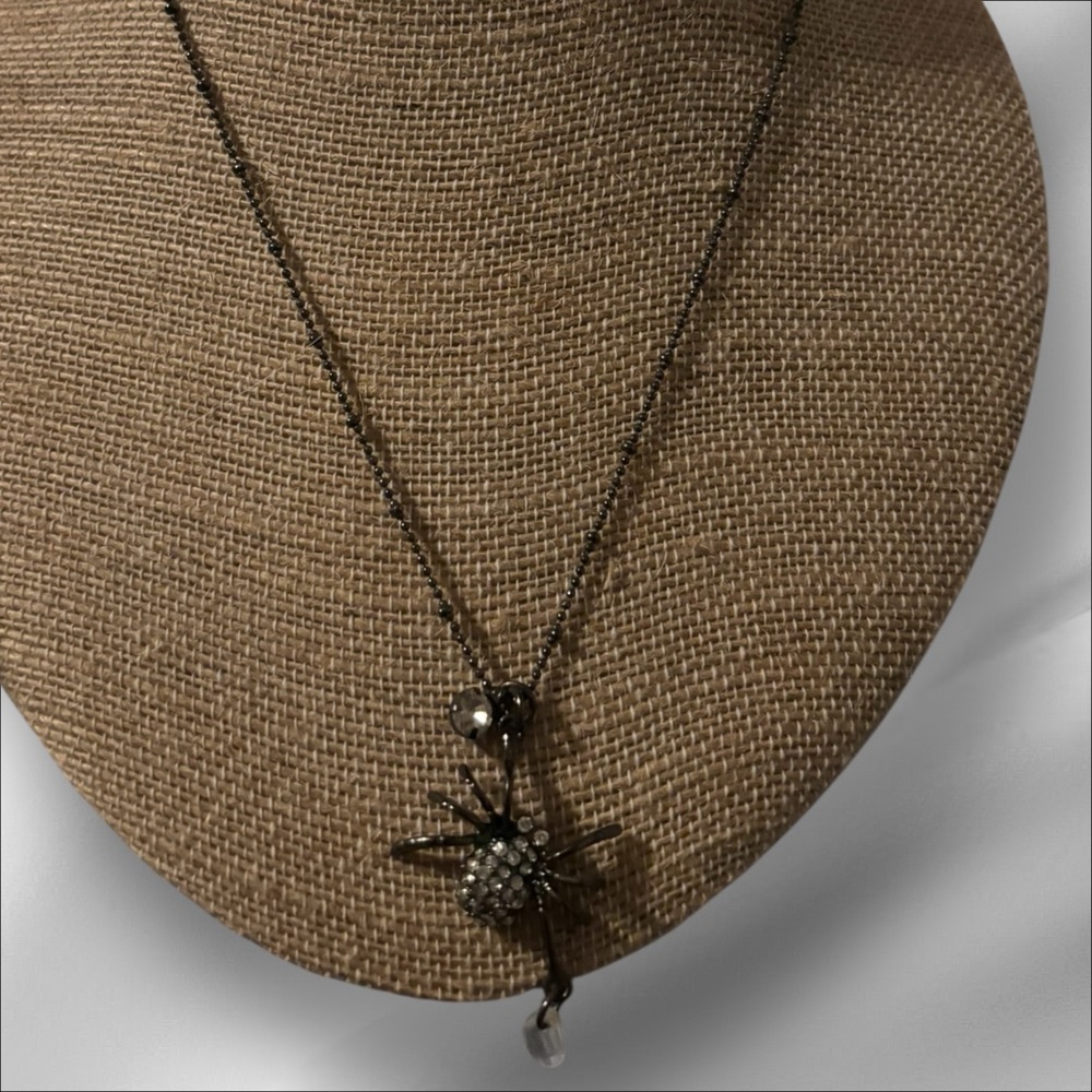 Vintage Betsey Johnson Rhinestone Spider necklace with dangling crystal